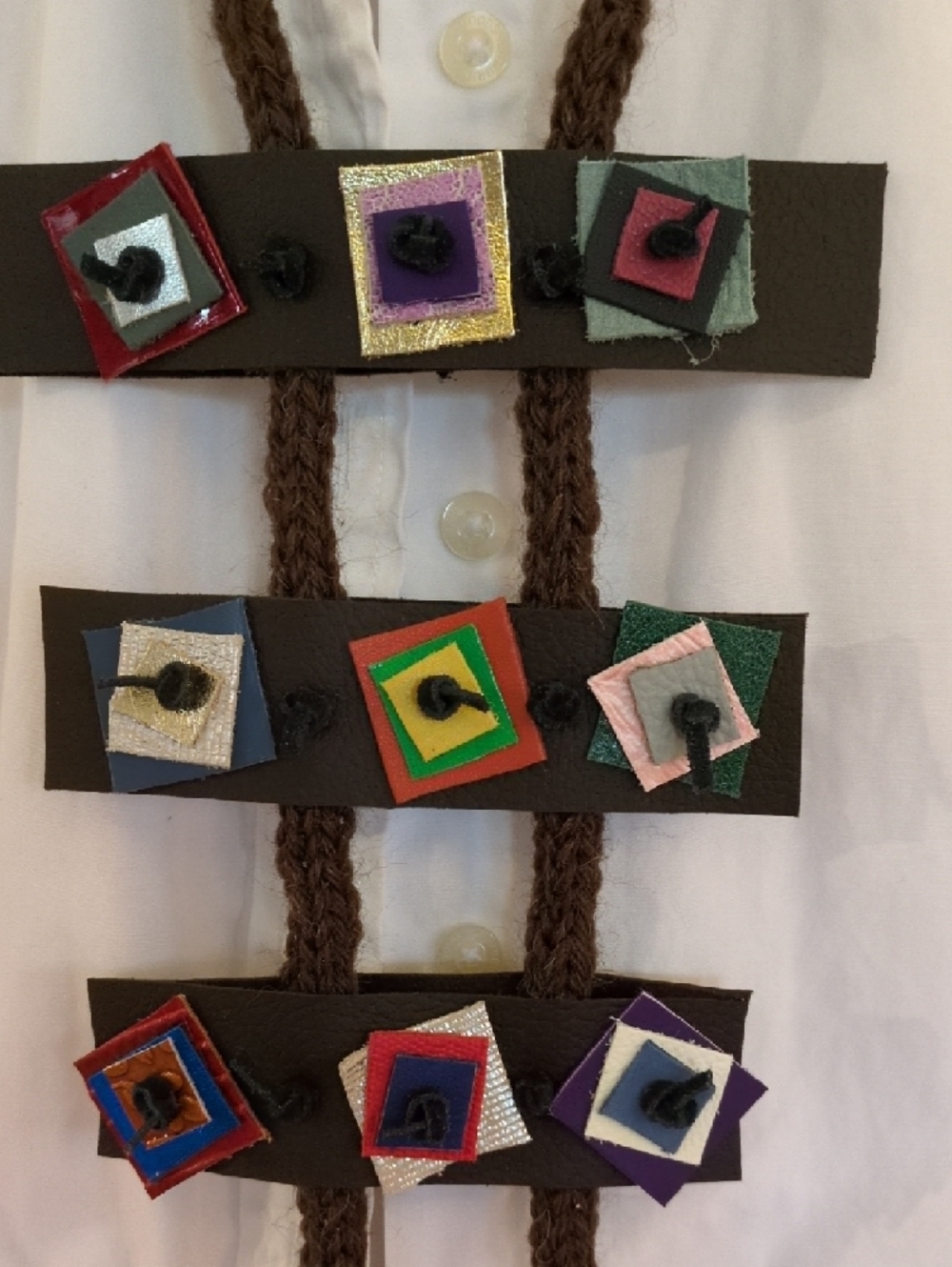 Handmade Genuine Leather Virgin Wool Knit Cord Multicolor Geometric MCM Necklace
